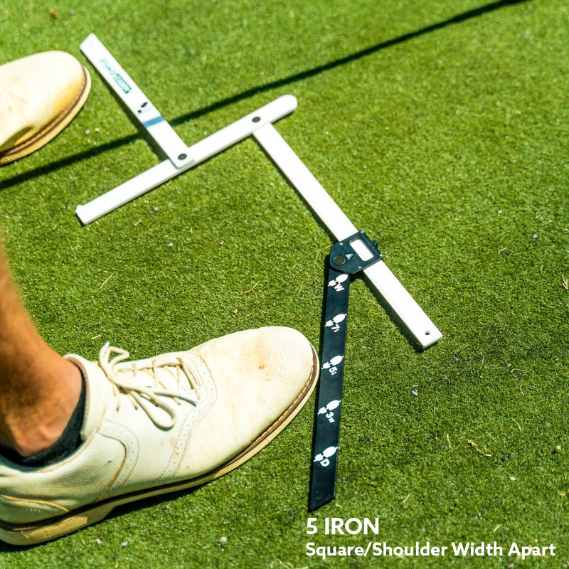 Golf stance chart example showing Stance Caddy 5-iron setup at shoulder width with square stance
