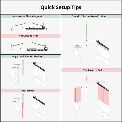 Stance Caddy quick setup tips diagram showing how to measure shoulder width, align lead foot on marker, and correct ball distance positioning