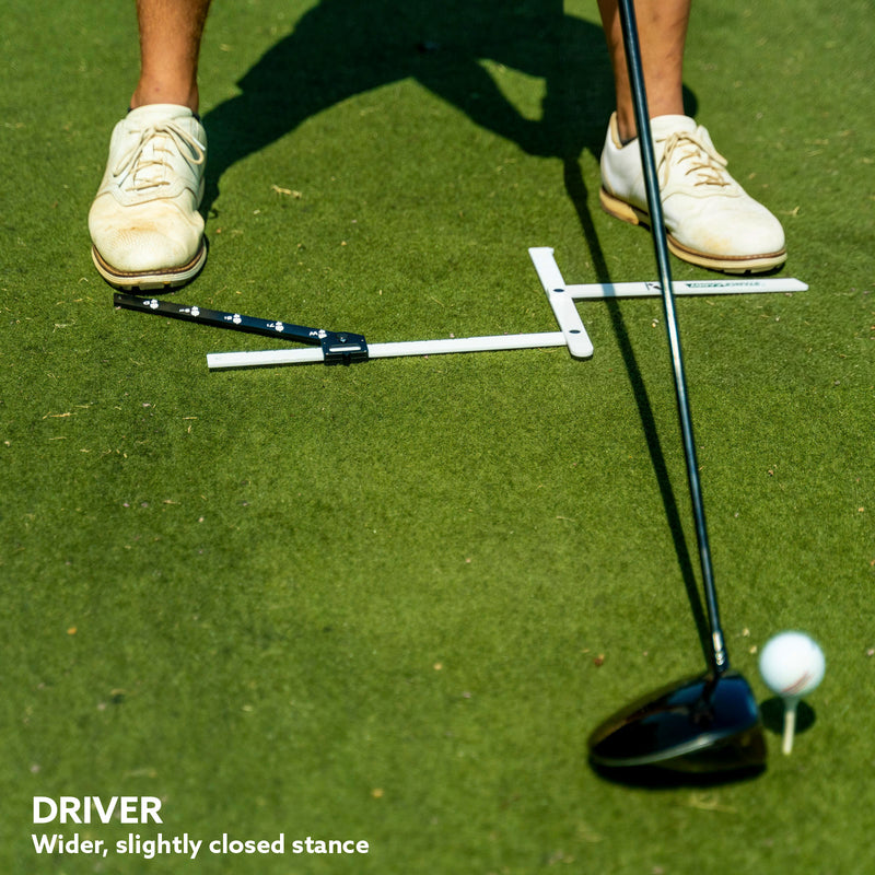 Golf stance chart example showing Stance Caddy driver setup with wider slightly closed stance and ball position
