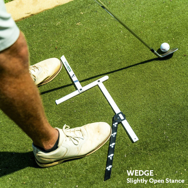 Golf stance chart example showing Stance Caddy wedge setup with slightly open stance and ball position reference